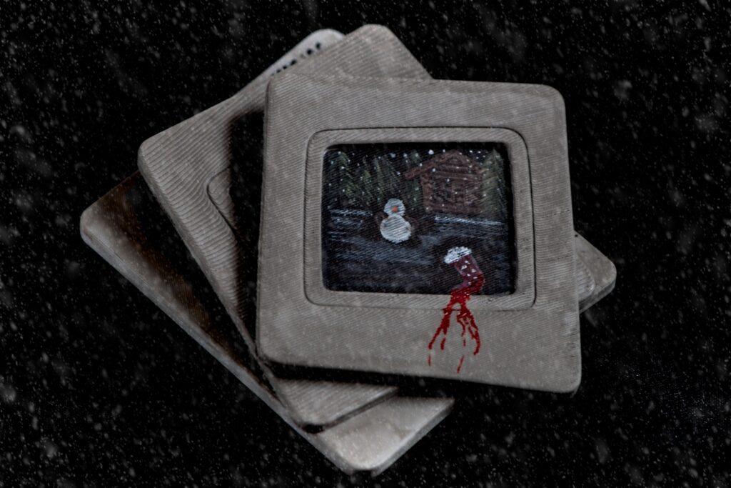 Three old-fashioned slide prints inspired by a scene from 25 Days by Per Jacobsen.